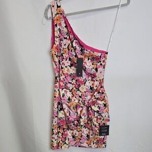 Lulus Gorgeous Garden‎ Pink Floral One-Shoulder Faux-Wrap Mini Dress, Small, NEW